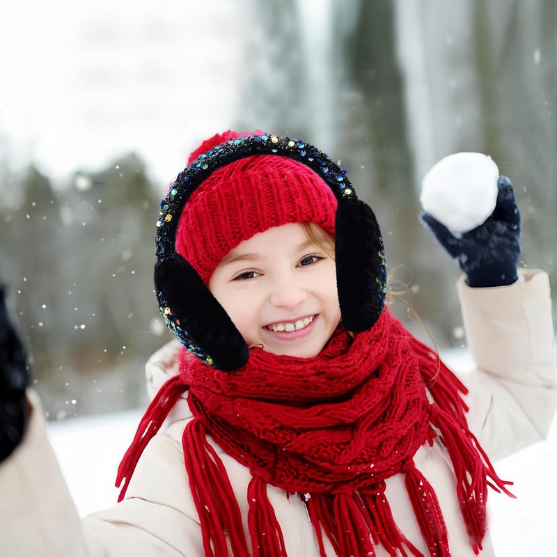 GSFY Ear Muffs Gloves Set for Kids Girls Adjustable Winter Sequin Faux Fur Windproof Warm Ear Warmer Outdoor - Image 5